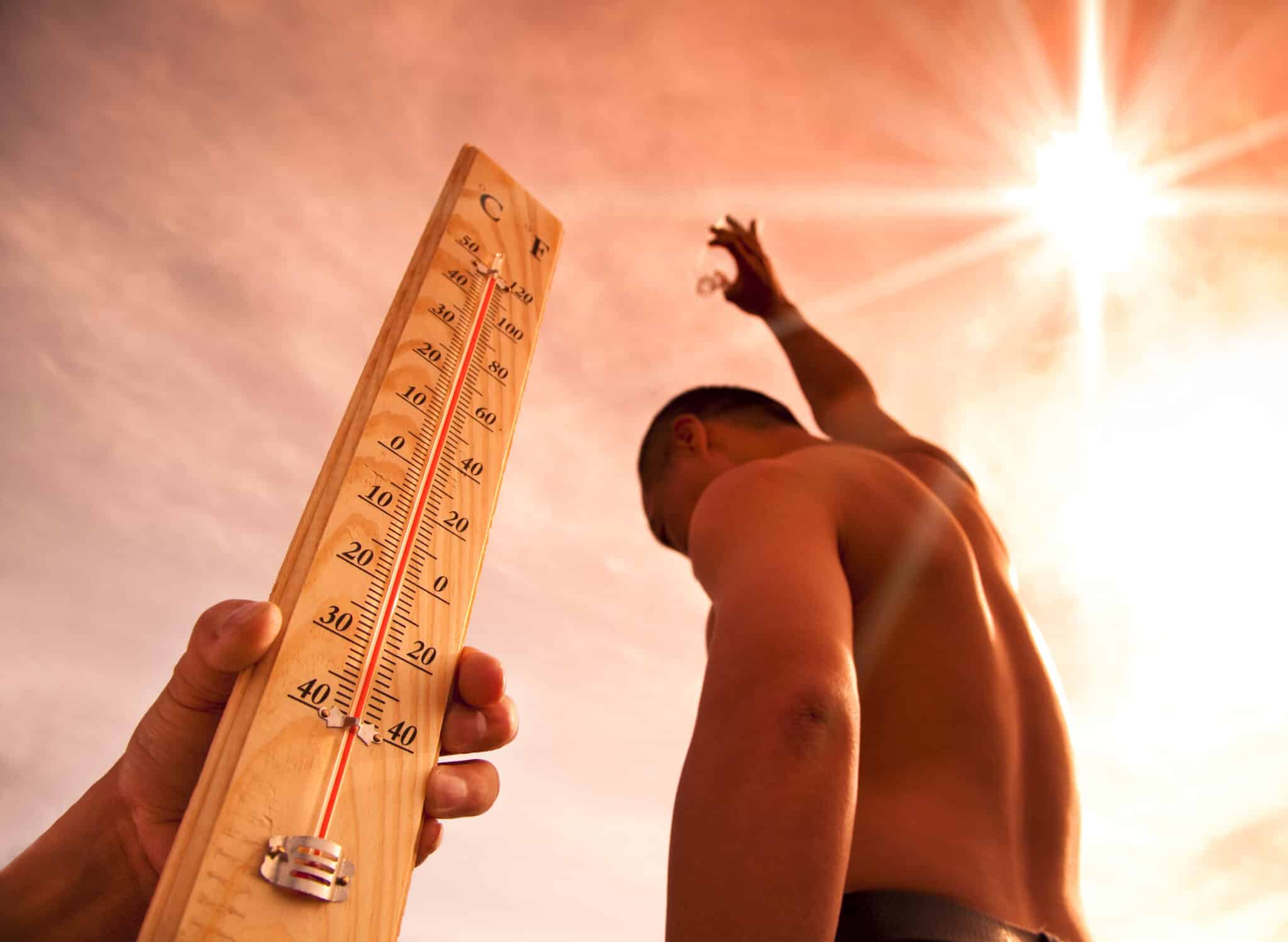 man throwing water for cooling temperature and hand holding thermometer under heat weather